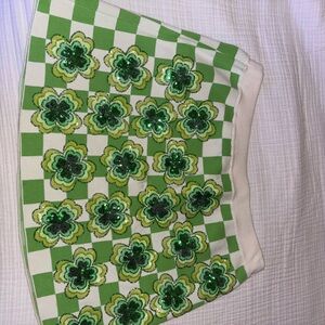 QUEEN OF SPARKLES Green and White Sequin Floral Mini Skirt